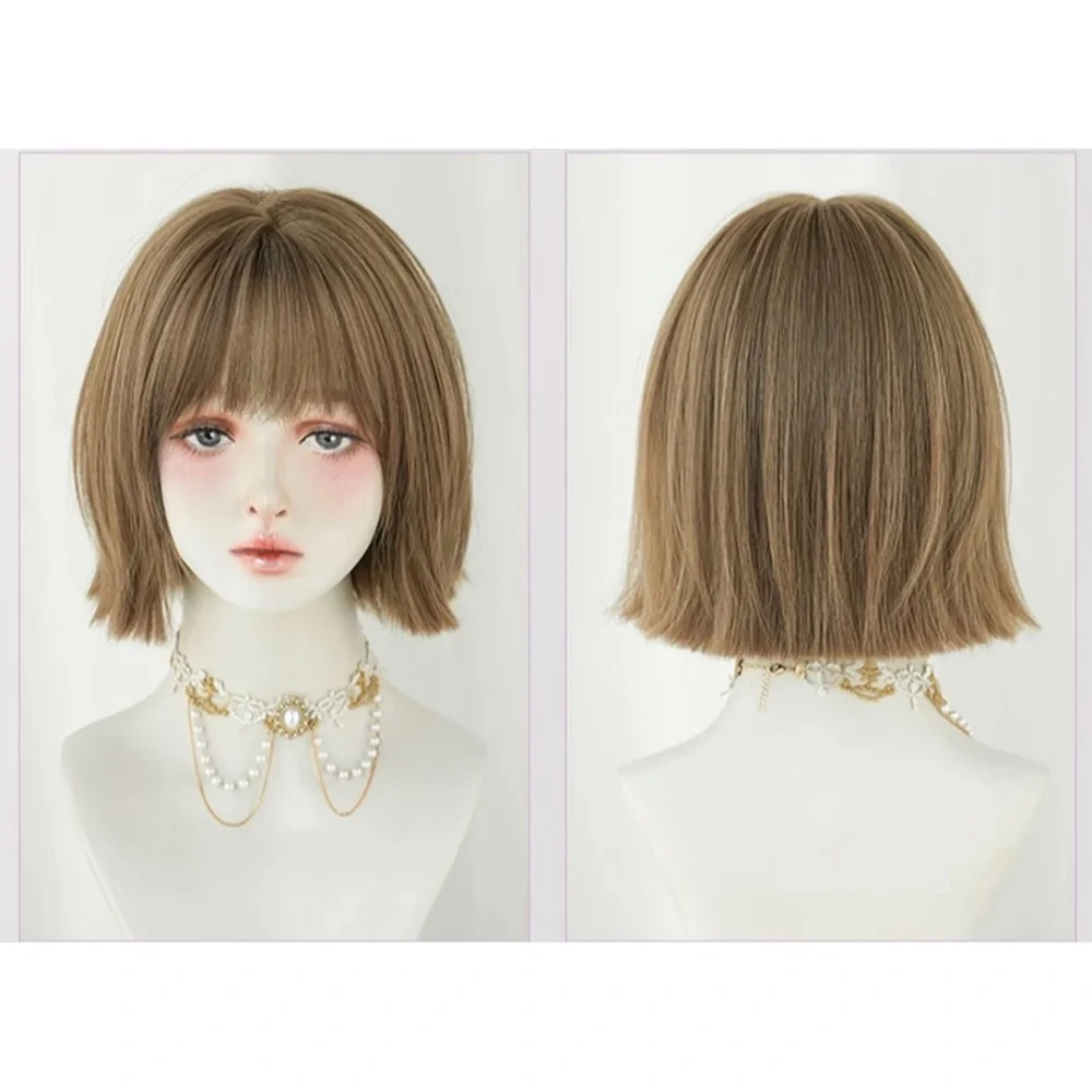 Natural Light Brown Short Bob Wig with Bangs 10”